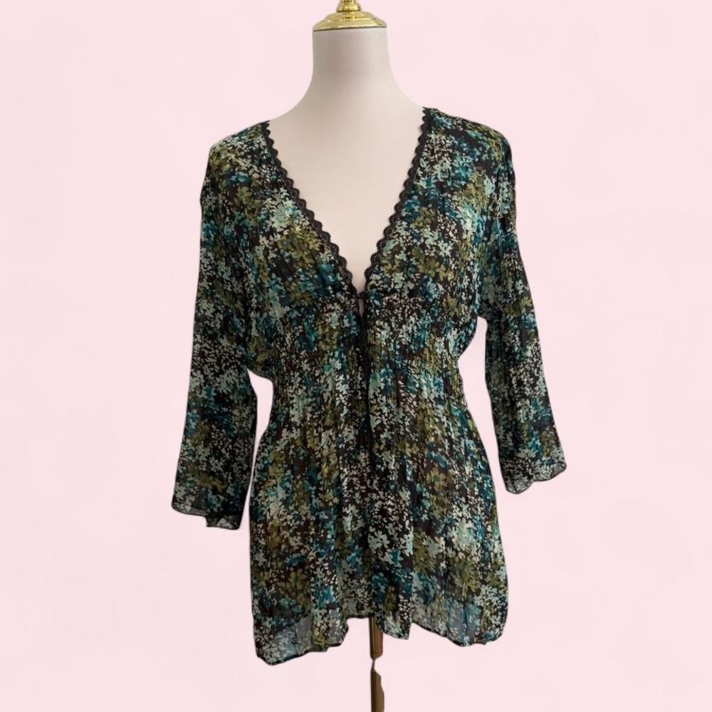 Y2K Elementz Green Floral Chiffon Babydoll Blouse w/ Lace Trim — Size L